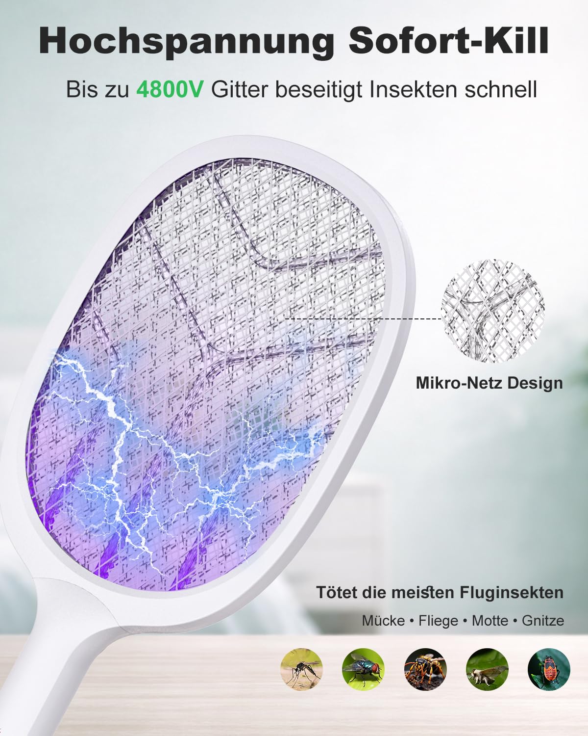 Elektrische Fliegenklatsche 4800V Extra Stark, 2 in 1 Mückenklatsche Elektrisch mit UV Lichtfalle, USB-C Aufladbar Insektenvernichter, Fliegenfänger & Mückenfalle für Innen Schlafzimmer Outdoor
