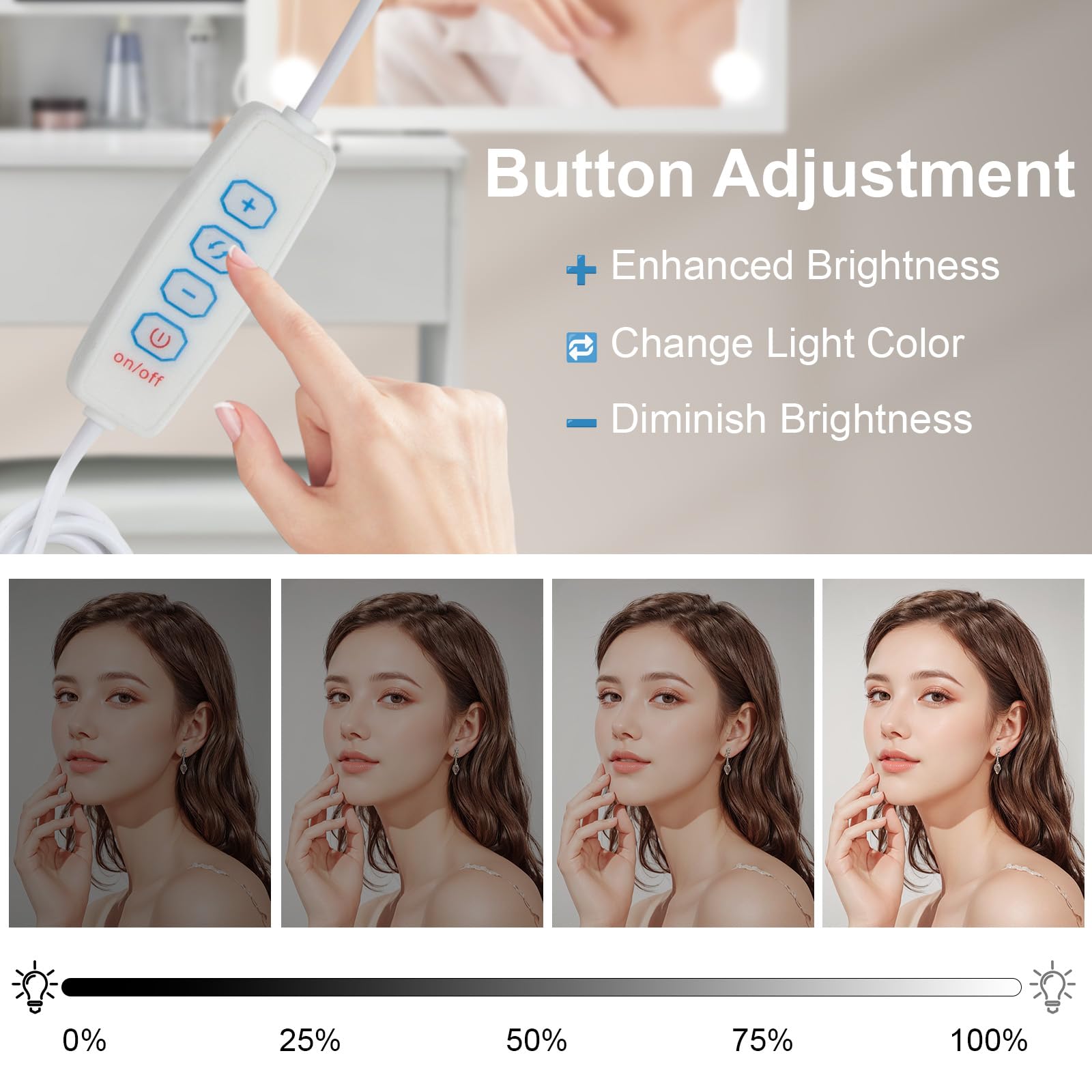 Tavolo da toeletta con illuminazione a LED, tavolo da toeletta con specchio per trucco, tavolo cosmetico con specchio, 3 colori con luminosità regolabile - M03