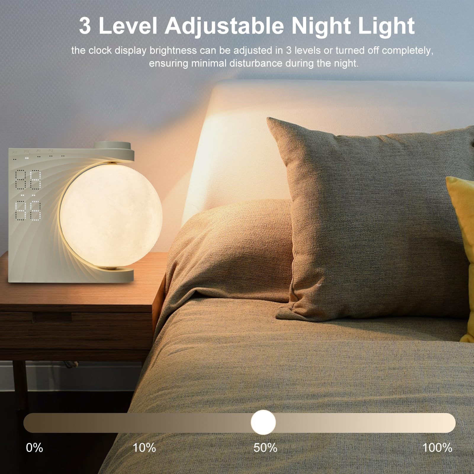 Neoglint Veilleuse lune RVB à changement de couleur, double réveil avec répétition, lumière de réveil, machine à bruit blanc pour le sommeil, lampe de chevet à intensité variable, réglage de la