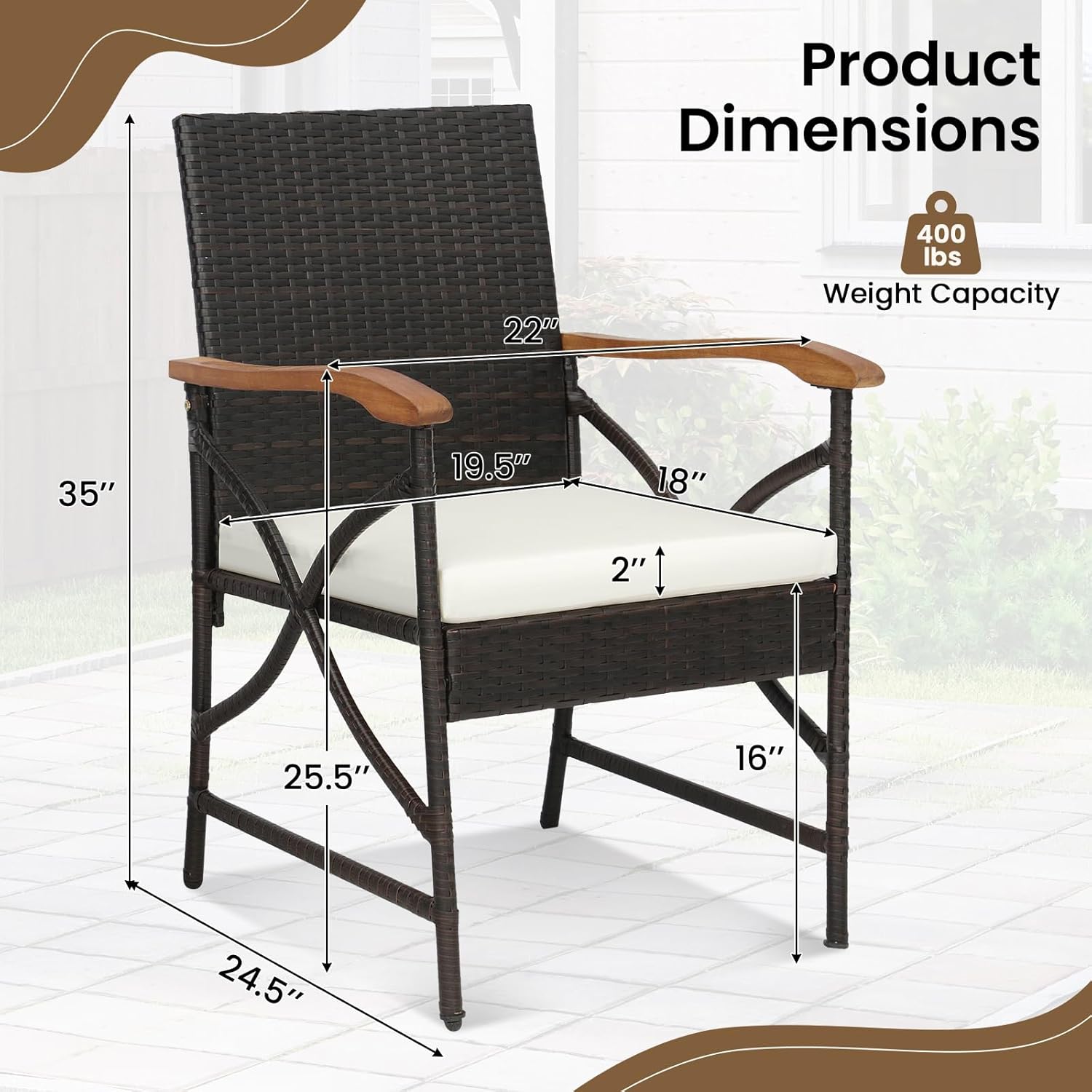 COSTWAY Patio Wicker Dining Chairs Set of 4, Outdoor Rattan Chairs with Backrest, Curved Acacia Wood Armrest & Cushions, All Weather Dining Chair for Lawn, Garden, Yard and Poolside