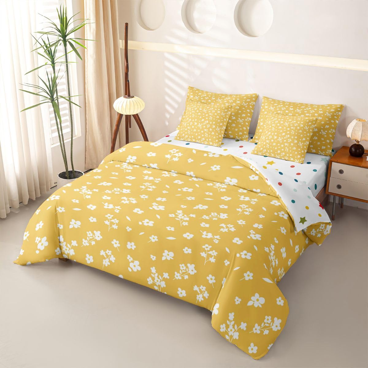 Loussiesd Juego de funda de edredón amarillo con sábanas, 7 piezas, tamaño Super King, para niños y niñas, cama de flores amarillas en una bolsa, decoración botánica de habitación bohemia, flores