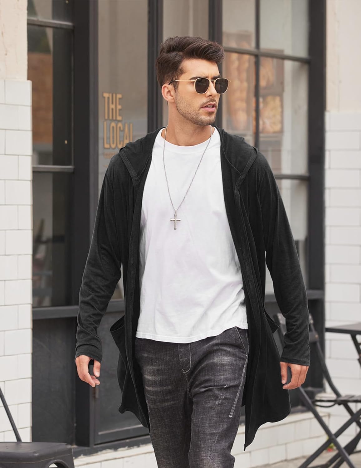 COOFANDY Men's Long Hooded Cardigan Shawl Collar Lightweight Open Front Drape Cape Overcoat with Pockets - Image 4