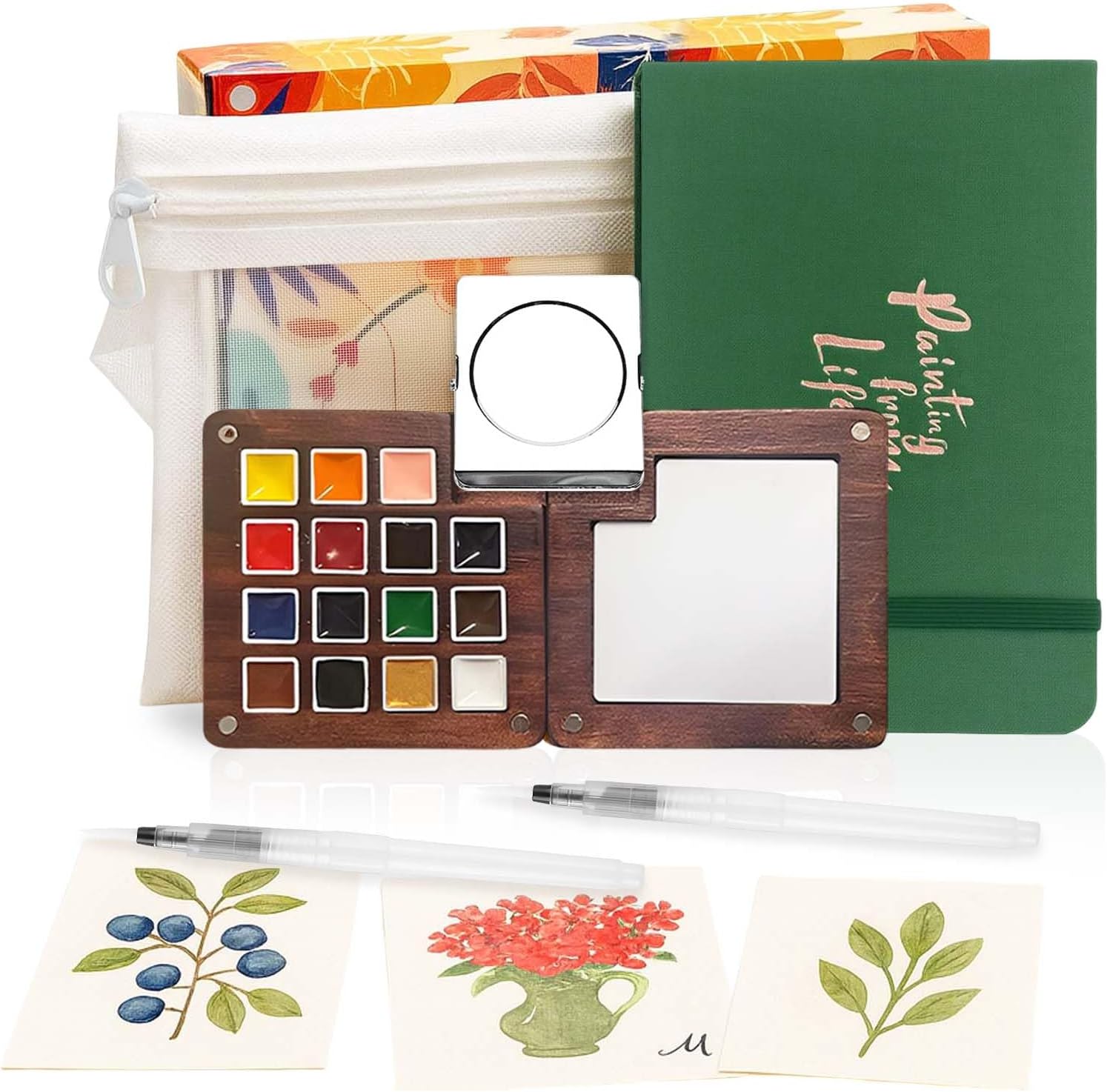 Mini Watercolor Paint Set - 15 Color Travel Watercolor Kit, Pocket Watercolor Paint Palette Set with Watercolor Book, Binder Clips, Pens, Storage Bag, Wooden Paint Box for Painters Artists Student