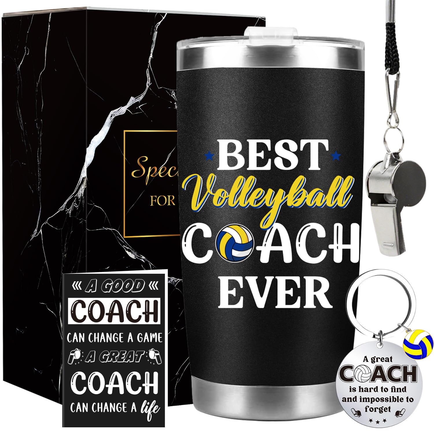 Keluna Volleyball Coach Gifts for Men - Volleyball Coach Appreciation Thank You Team Player Sports Lover Gift for Men Brother Husband Teacher Colleague Tumbler Cup Keychain Whistle Greeting Cards