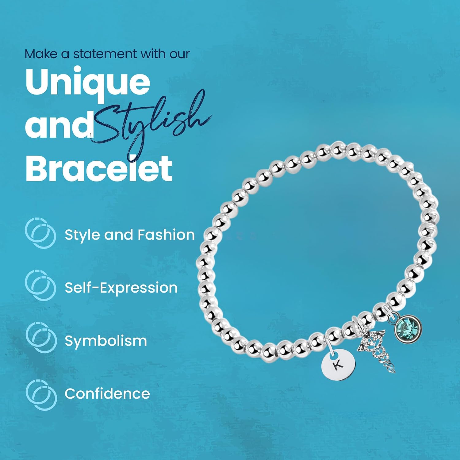 Caduceus Gift, Personalized Caduceus Beaded Bracelet with Initial Letter and Birthstone Charm, Caduceus Adjustable Jewelry, Custom Caduceus Lover Accessories for Girls