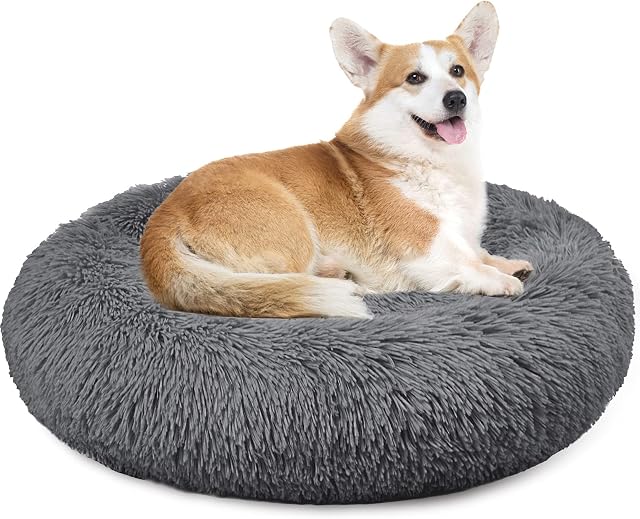 Enjamoy Plush Donut Dog Bed, Calming Round Dog Cat Bed Soft and Fluffy Cuddler Pet Cushion Self-Warming Puppy Beds Machine Washable, Dark Grey 70cm