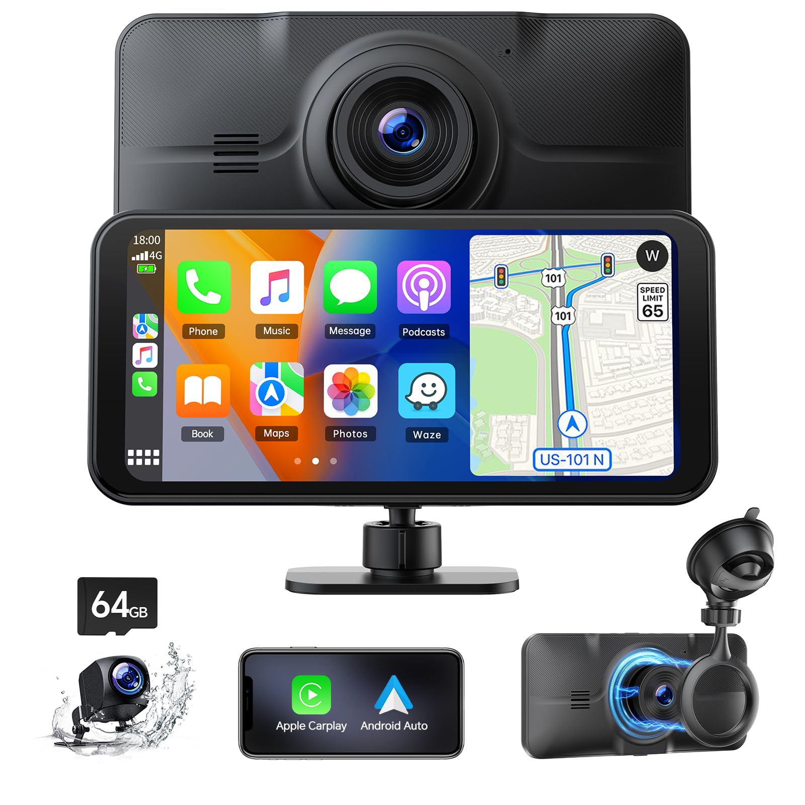 LAMTTO Carplay Coche con 4K+1080p Cámara de Salpicadero Delantera y Trasera, A-ppIe Carplay Android Auto Inalámbrica, 6,25" Pantalla Táctil Navegación Asistente Voz Bluetooth FM AUX Tarjeta SD 64 GB
