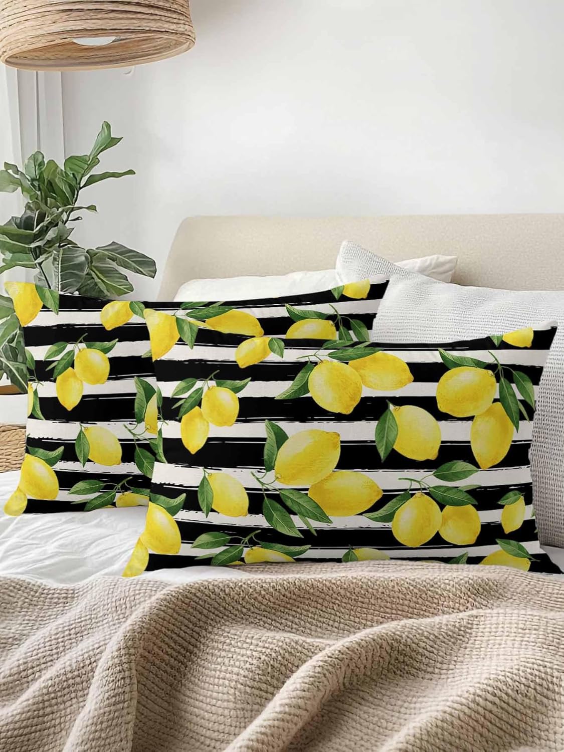 Outdoor Pillows Waterproof, Yellow Lemons Bedding Throw Pillows with Insert for Couch Sofa Bed, Summer Citrus Fruits Leaves Black Stripes 12x20 Inch Pillowcases Decorative Patio Pillow Set of 2