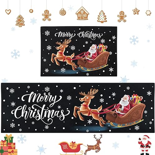 Miniatura 1 de Juego de 2 alfombras y tapetes de cocina de Navidad, antideslizantes, lavables, copos de nieve, renos de Papá Noel, tapete de cocina negro de