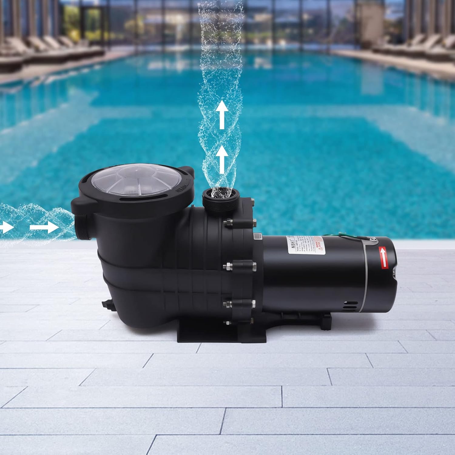 Pool pump circulating water in a pool environment