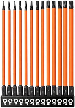 13Pcs 6-Inch 150mm Long Torx Bit Set, Magnetic Torx Head Screwdriver Drill Bit T5-T40, 1/4 Hex Shank S2 Steel Impact Driver Bit Set
