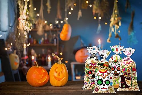 Miniatura 4 de 100 bolsas de celofán para Halloween, Día de los Muertos, bolsas de celofán para golosinas de celofán, calavera de azúcar, flores, bolsas