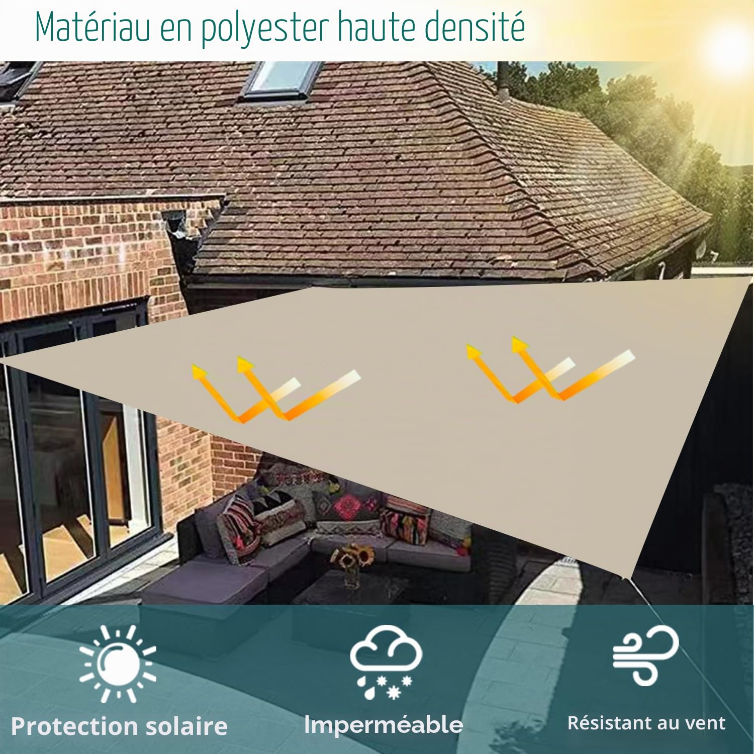 Voile d'ombrage imperméable rectangulaire 2x3 m, Protection Solaire, UV, intempéries, sans perçage, 100% Polyester, Filet avec illets et Corde