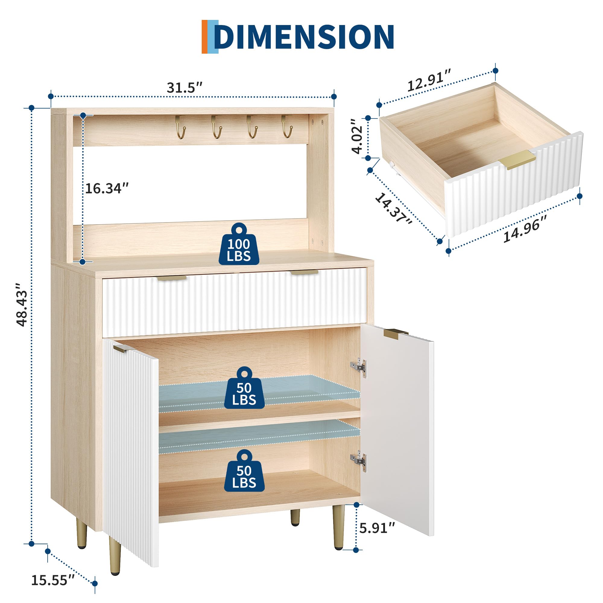 Buffet Moderne à façade cannelée avec 2 tiroirs et étagères réglables – Meuble de Rangement Polyvalent pour Salle à Manger, Salon ou Cuisine – Bois Naturel avec façades de tiroirs Blanches