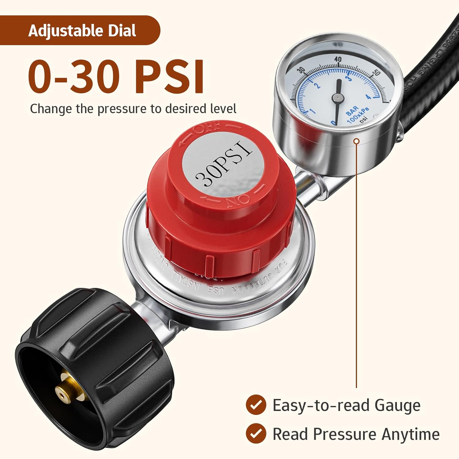 0-30 PSI Adjustable Propane Regulator with Gauge, 5 FT High Pressure Propane Regulator, for Gas Burners, Turkey Fryers, Heaters, Fire Pits, Comes with A 3/8" M Flare x 1/8" M NPT Adapter