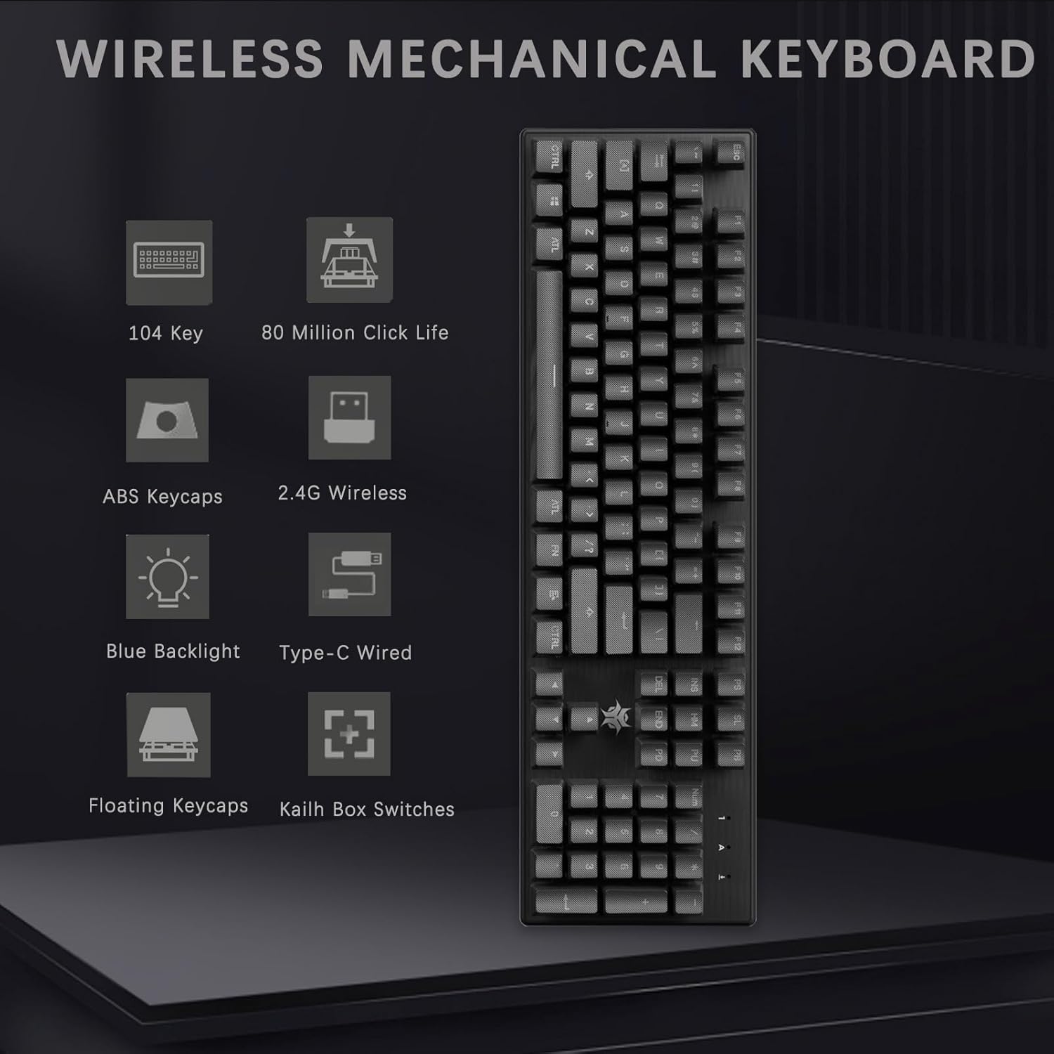 Hexgears G5 Keyboard highlighting key features like 104 keys, 80 million click life, ABS keycaps, 2.4G wireless, blue backlight, Type-C wired, floating keycaps, and Kailh Box switches.