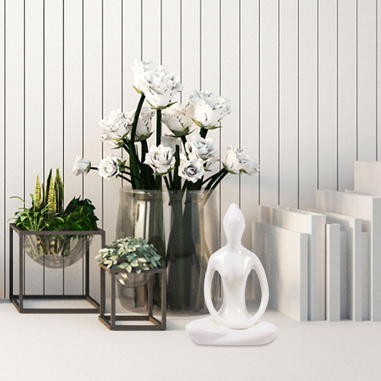 HEMOTON Scultura Contemporanea Decorativa Yoga Giovane Donna in Ceramica Bianca, Set 4 Pezzi, Design Astratto per Arredamento Casa e Ufficio Stili multipli