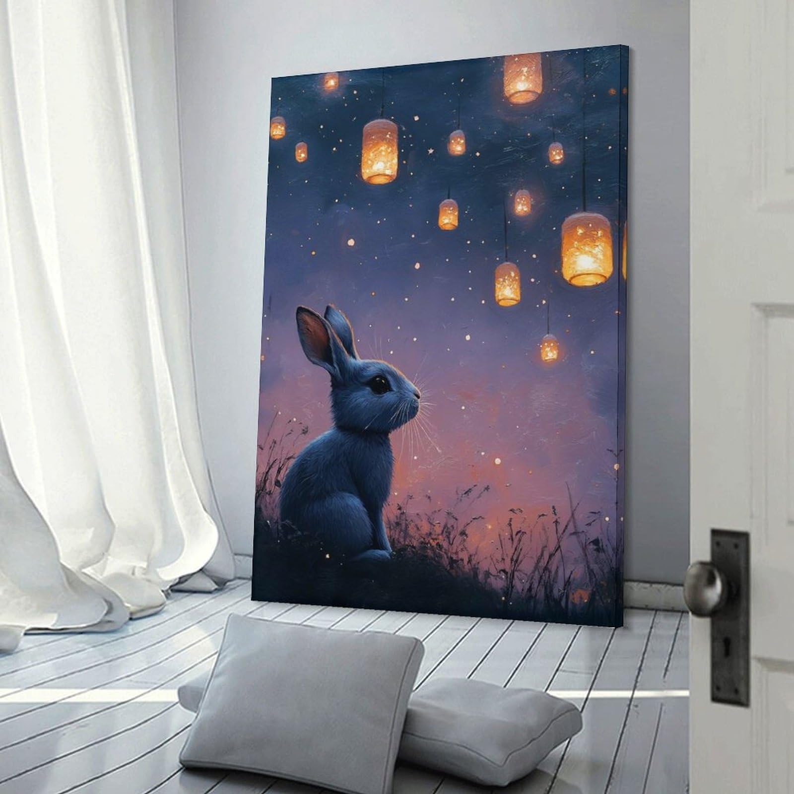 Junmoney Rabbit Under Lanterns at Night Decorative Wall Artwork, 12x18inch(30x45cm), for Home Lounge, Bedroom Or Reading Nook, Eye Catching Artwork for Blank Walls