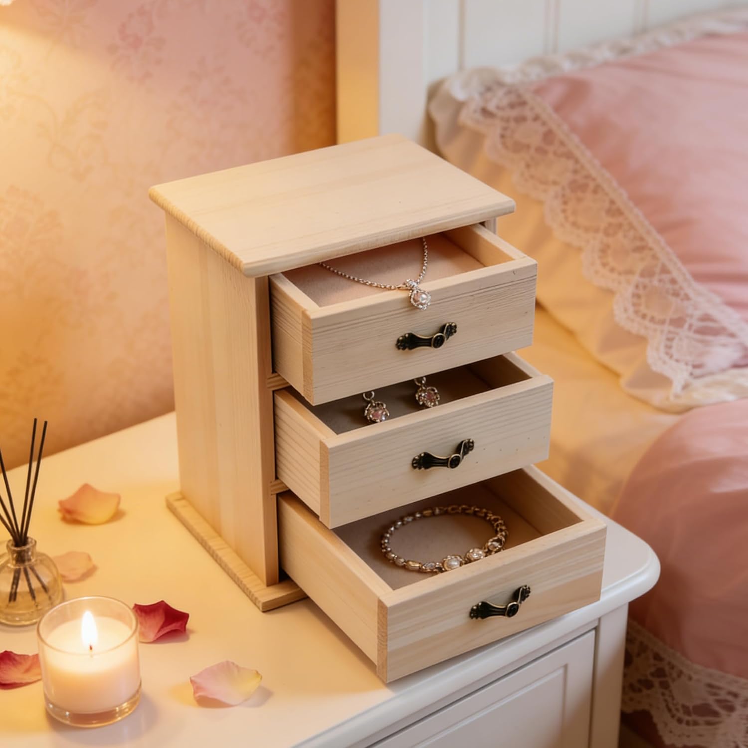 2-Pack Unfinished Solid Wood Boxes with 3 Individual Mini Drawers - Blank Natural Wood Jewelry Storage Box, Paintable & Carvable for DIY Art and Craft Projects