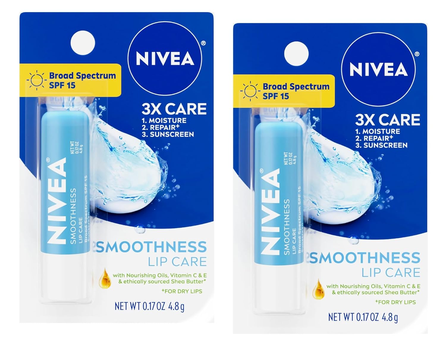 NIVEA Smoothness Broad Spectrum SPF 15 Sunscreen Lip Care, 0.17 Oz (2 Pack)