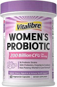 Vitalibre Probiotics for Women 200 Billion CFU, 36 Unique Strains, with Cranberry Prebiotics & Digestive Enzymes, High Potency Vaginal Probiotics, Full-Spectrum Gut Health, 60 Vegan Capsules