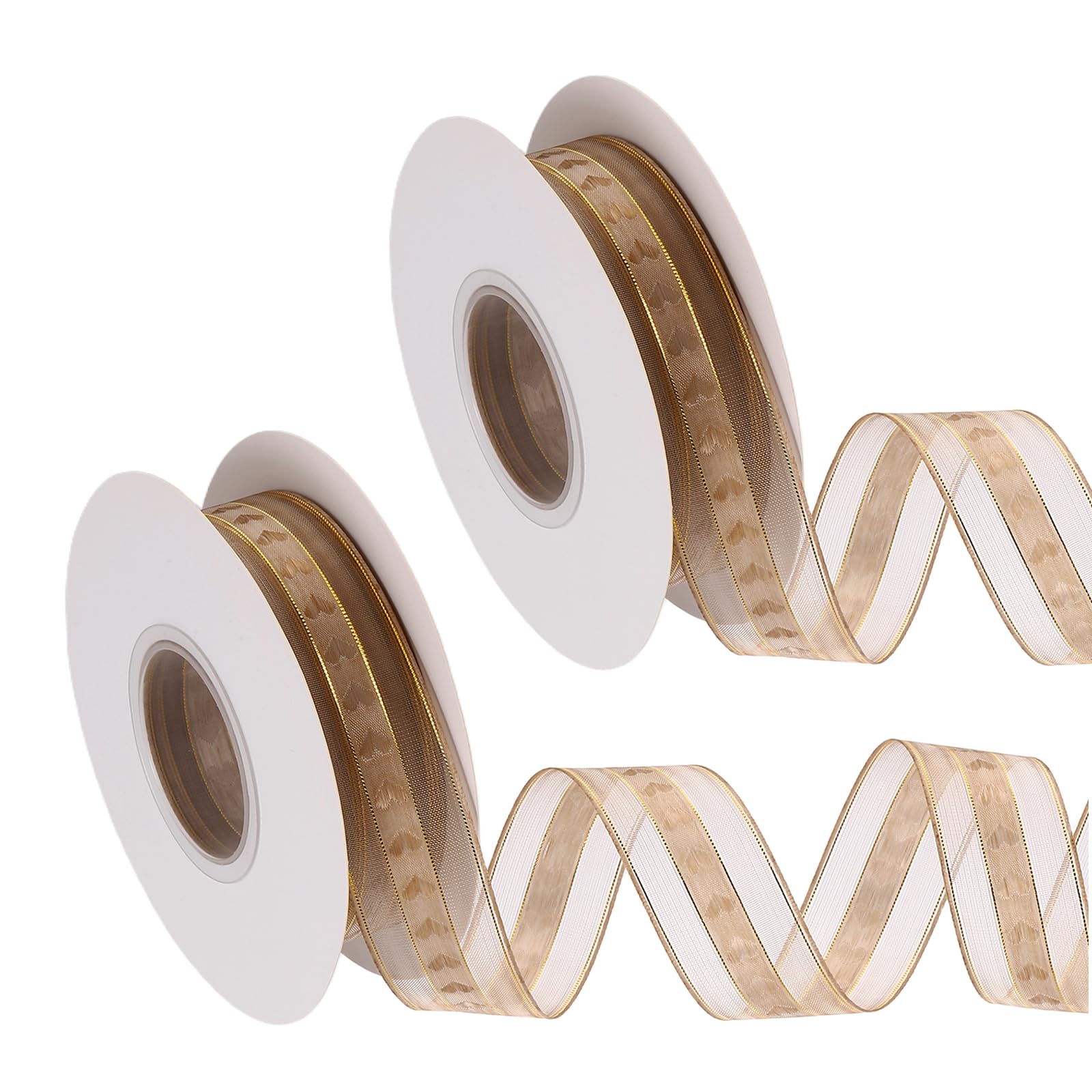 DEFANEX 2pcs Sheer Organza Ribbon (2.2cm x 22 Meters) - Love Heart with Chiffon Yarn Silk Ribbon Edge, for Gift Wrapping Wedding Birthday Bouquet Crafts DIY Decor, Light Brown