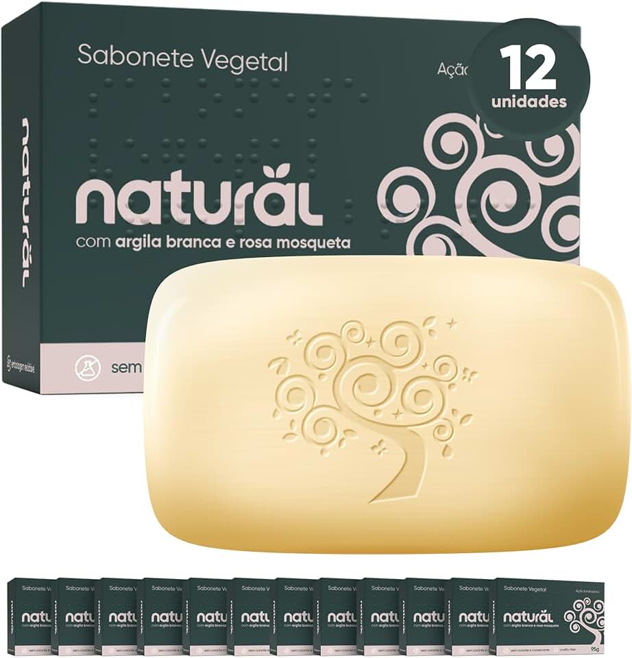 NATURAL Combo Sabonete de Argila Branca com Óleo de Rosa Mosqueta - Kit com 12 Unidades - Ação Antioxidante e Adstringente - Controle da Oleosidade - Pele Iluminada e Saudável