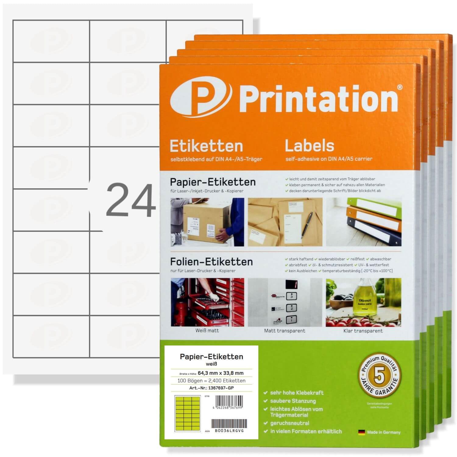 Printation Etiketten 64,3 x 33,8 mm weiß bedruckbar - 12000 Adressetiketten selbstklebend 64,3x33,8 500 DIN A4 Bogen BigPack 3x8-24 Sticker pro Blatt - Klebeetiketten/Adressetiketten 3658 Amazon FBA