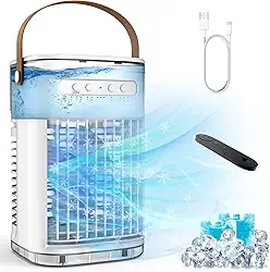 Mini ar condicionado, ar-condicionado portátil com controle remoto, carregamento USB, tanque de água de 1,2 L e 2 caixas de gelo, temporizador de desligamento automático, refrigerador de ar