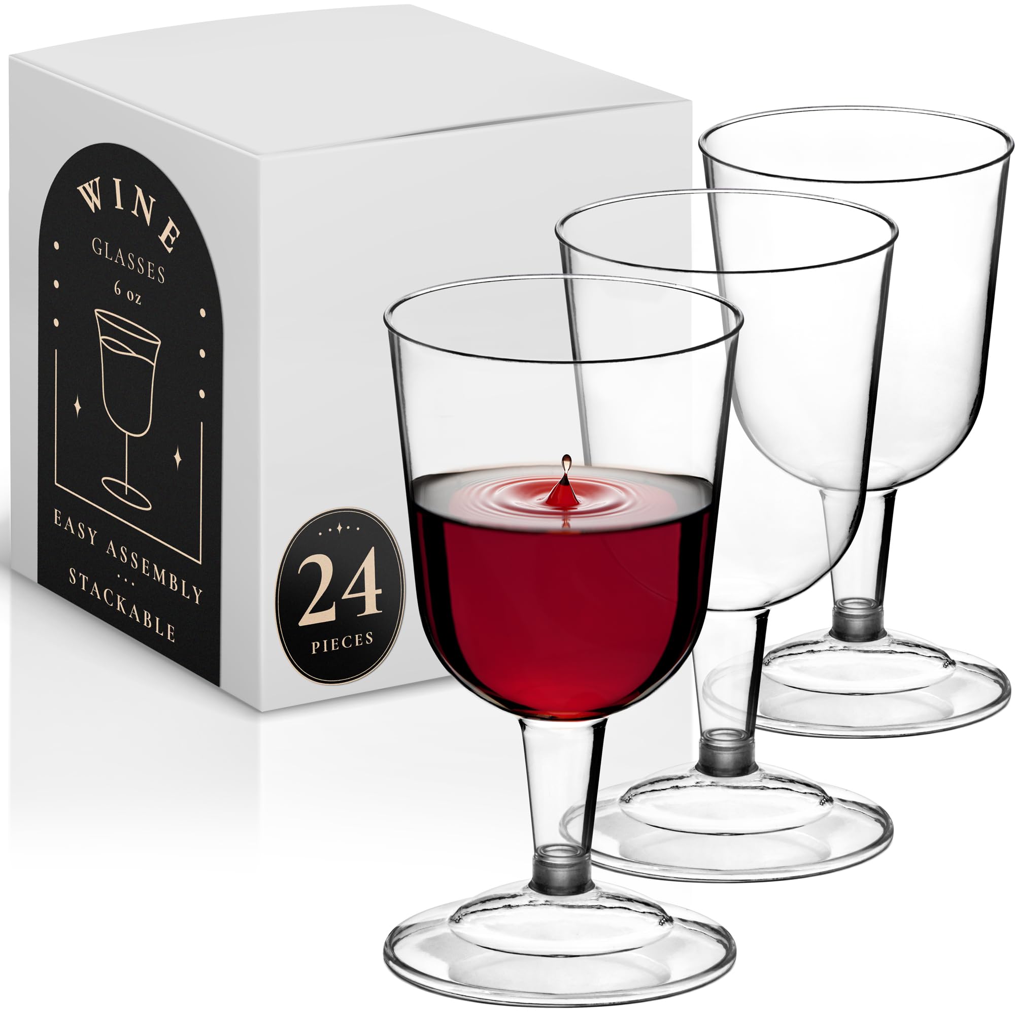 DecorRack 24 Pack Plastic Wine Glasses, 6 Oz BPA-Free Plastic Cups, Shatter-Resistant, Disposable Wine Glasses Set for Weddings, Outdoor Parties, Picnics, Reusable and Stackable (Pack of 24)
