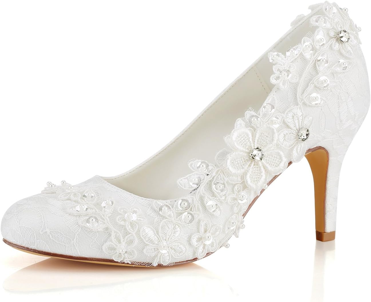 Wedding Shoes Women's Silk Like Satin Stiletto Heel Pumps with Stitching Lace Flower Crystal Pearl