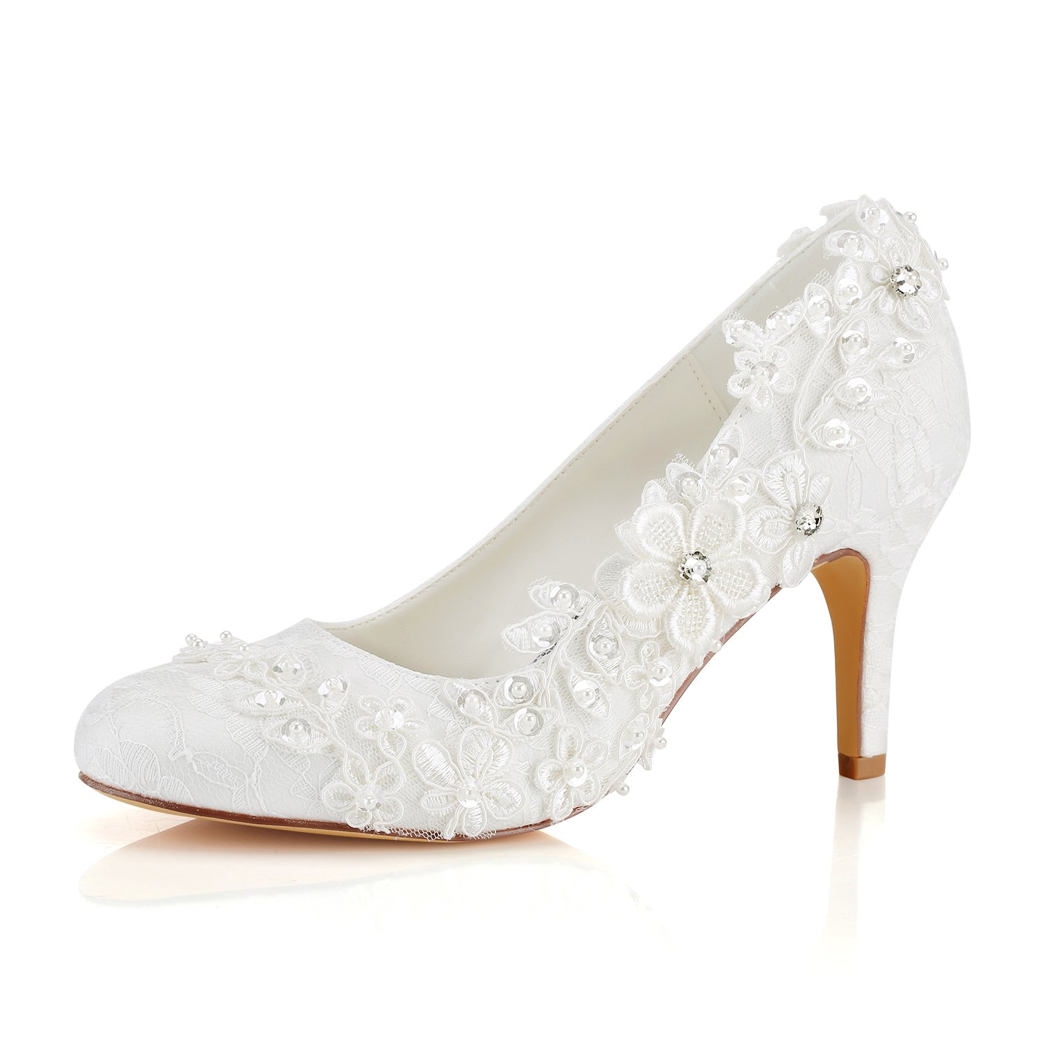 Emily BridalWedding Shoes Women's Silk Like Satin Stiletto Heel Pumps with Stitching Lace Flower Crystal Pearl