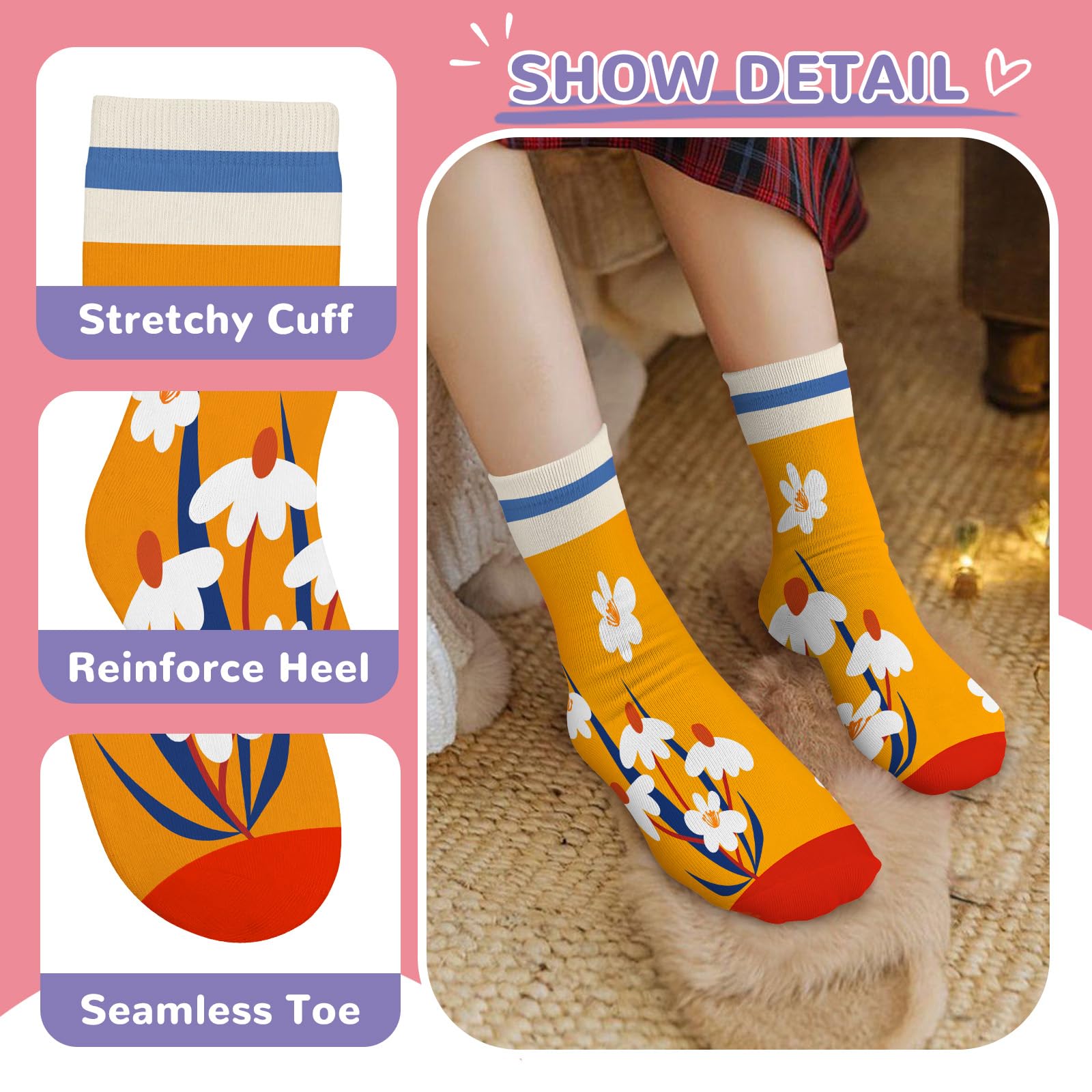 Schulkind Socken Mädchen Kinder Bunte Lustige Cartoon-Blumen Motiv Neuheit Niedlich Crew-Socken 6 Paar Geschenke 3-14 Jahre Größe 25-38 Atmungsaktiv Weich