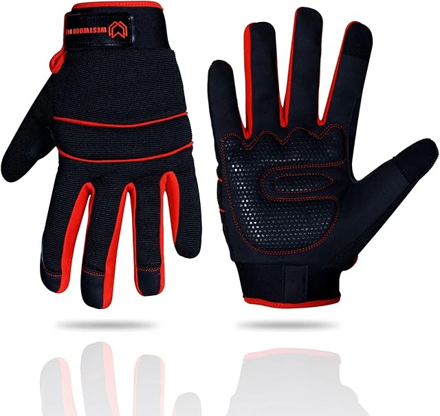 WESTWOOD FOX Mens Working Gloves Utility Workman Mechanic Gloves Touch Screen Anti slip Palm Padded Knuckles Safety Work Gloves Rigger Mechanic (S, Black)