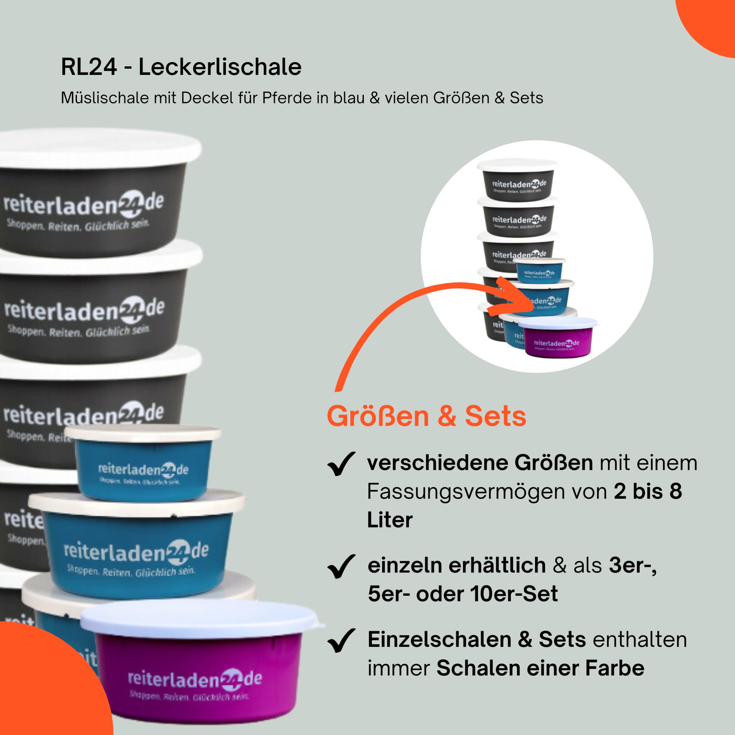 RL24 Leckerlischale Müslischale mit Deckel für Pferde Futterschale 5er Set Blau 2l Pferdezubehör
