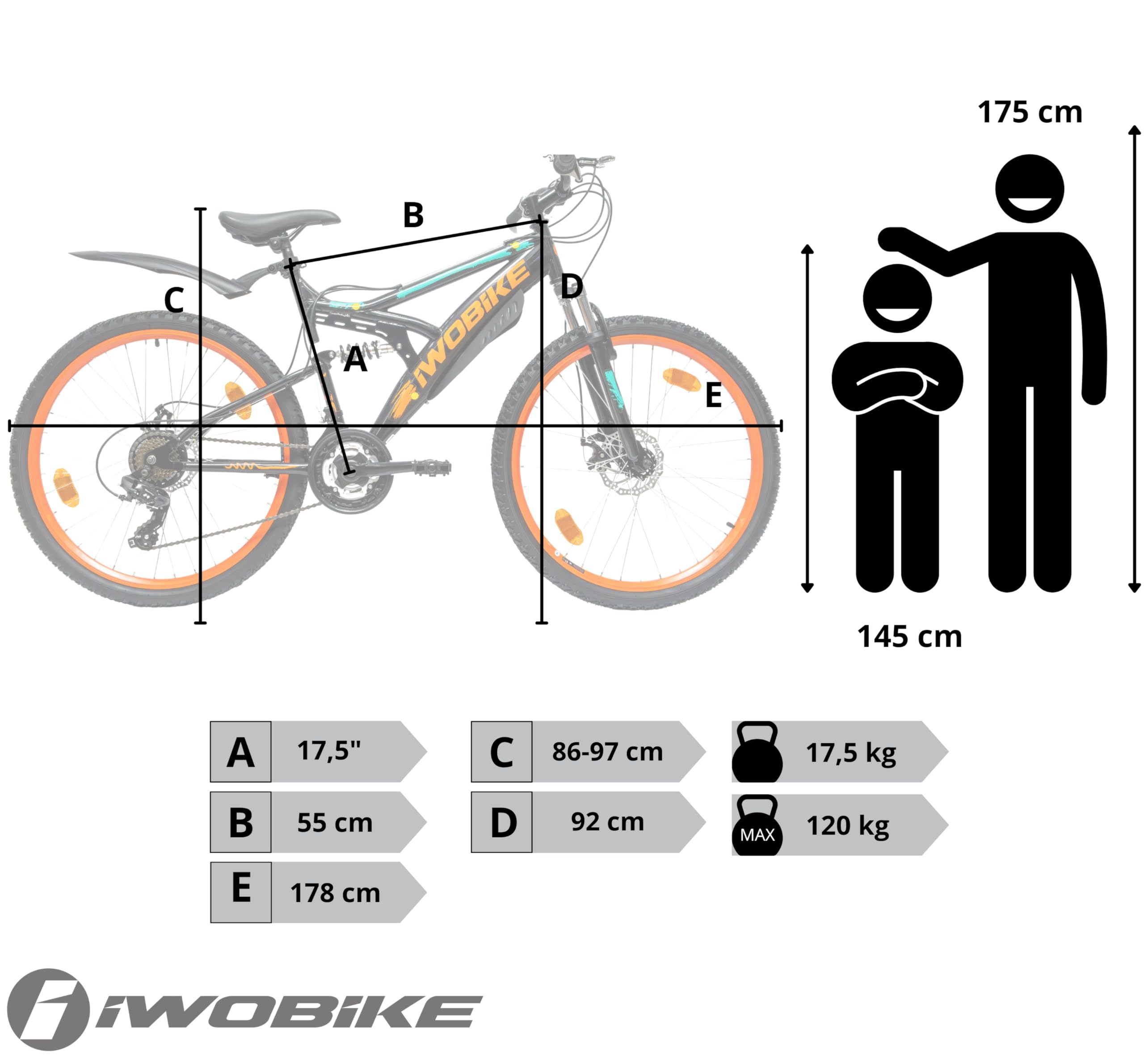 Rower Górski MTB, 26 Cali, Uniseks, 21 Biegów, Rama Stalowa 17,5" | Rower Górski MTB, 26 Cali, Uniseks, 21 Biegów, Rama Stalowa 17,5", Full Amortyzacja, Hamulce Tarczowe, Czarny z Pomarańczowym