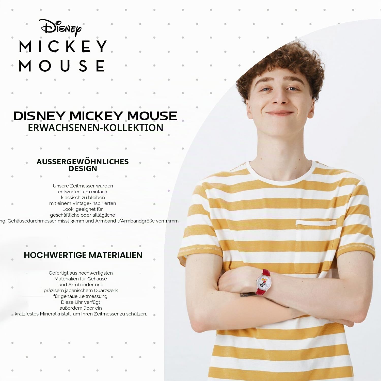 Disney Mickey Mouse Klassische Cardiff-Armbanduhr für Erwachsene, bewegliche Zeiger, Analog, Quarz, Lederarmband