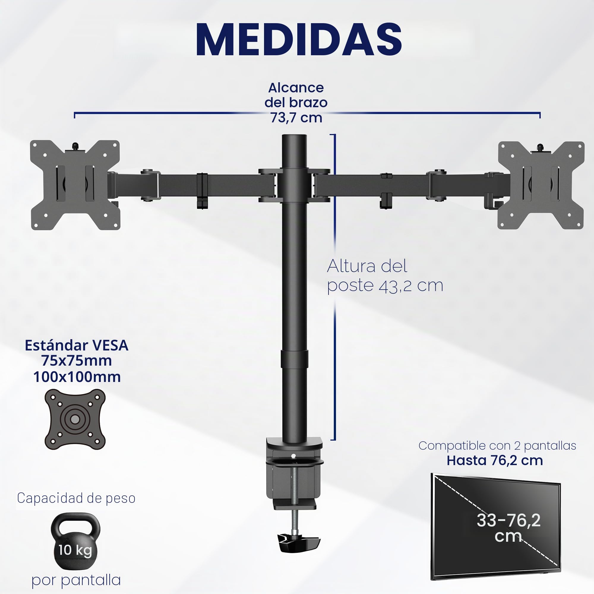 Vivo Soporte de Escritorio para Monitor Doble, Soporte de Acero Totalmente Ajustable, soporta 2 Pantallas de computadora de hasta 30 Pulgadas y máximo 22 Libras Cada una, Negro, STAND-V002