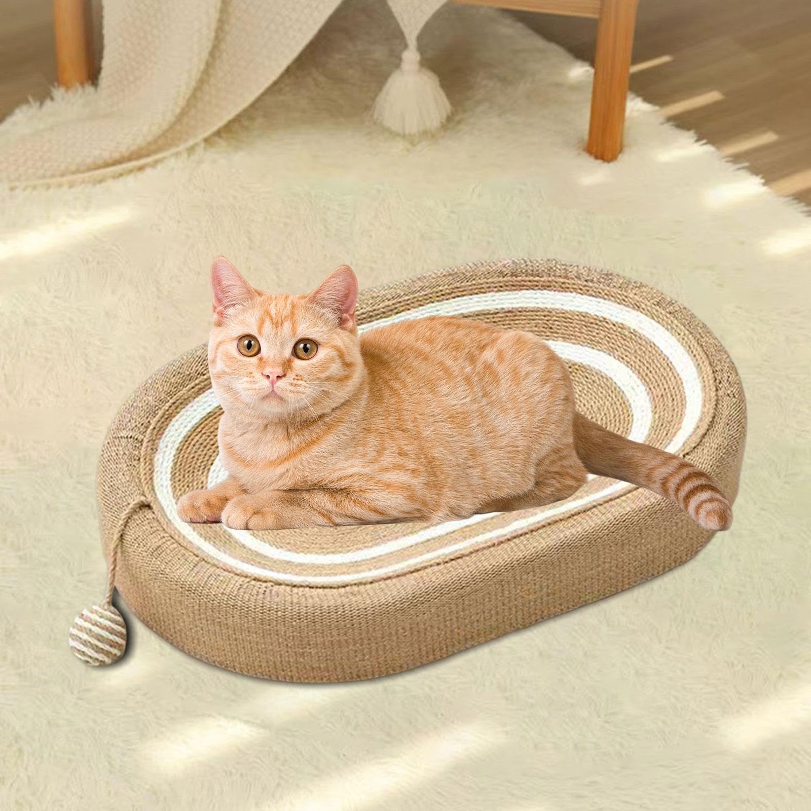 Colcolo Ovales Kratzbrett Katzen für Katzen, 3 in 1 Katzen Kratzmatte mit Ballspielzeug, Lounge Kratzpappe, Möbelschutz Schutz zum Spielen, Kratzbrett für Katzen, Weiß gestreift, Braun