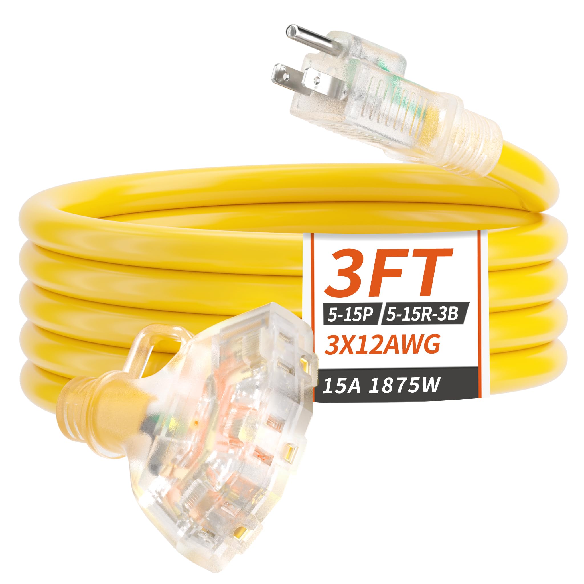 PlugSaf 3 FT 12/3 Gauge Outdoor Extension Cord with Multiple Outlets Light Indicator, Flexible 3 Outlet Weatherproof Heavy Duty Extension Cord Waterproof Yellow, 15A 1875W 12AWG SJTW, ETL Listed