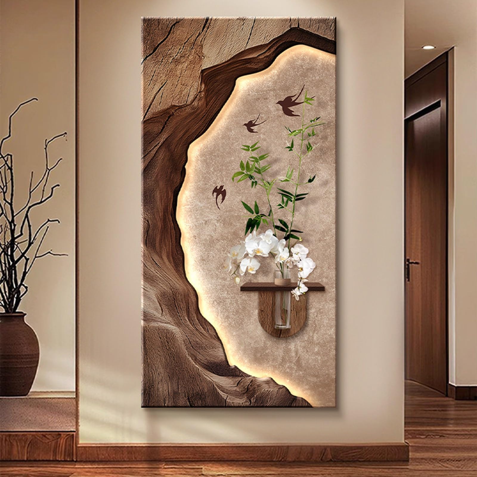 Décoration murale 3D vase grès et plante LED salon
