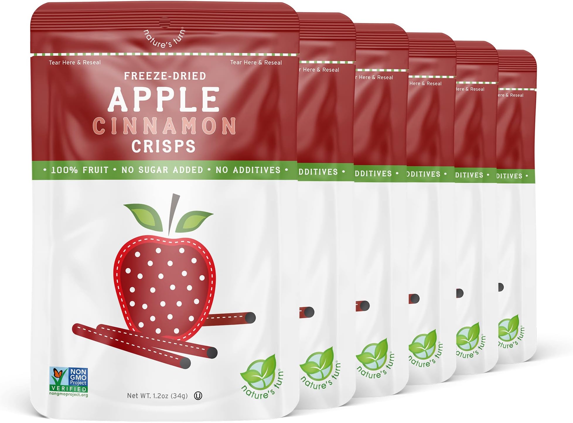Nature's Turn Freeze-Dried Fruit Snacks - Apple Cinnamon Crisps - Perfect For School Lunches or an On-The-Go Snack - No Sugar Added, Non GMO, Gluten Free, Nothing Artificial (1.2oz) 6-Pack