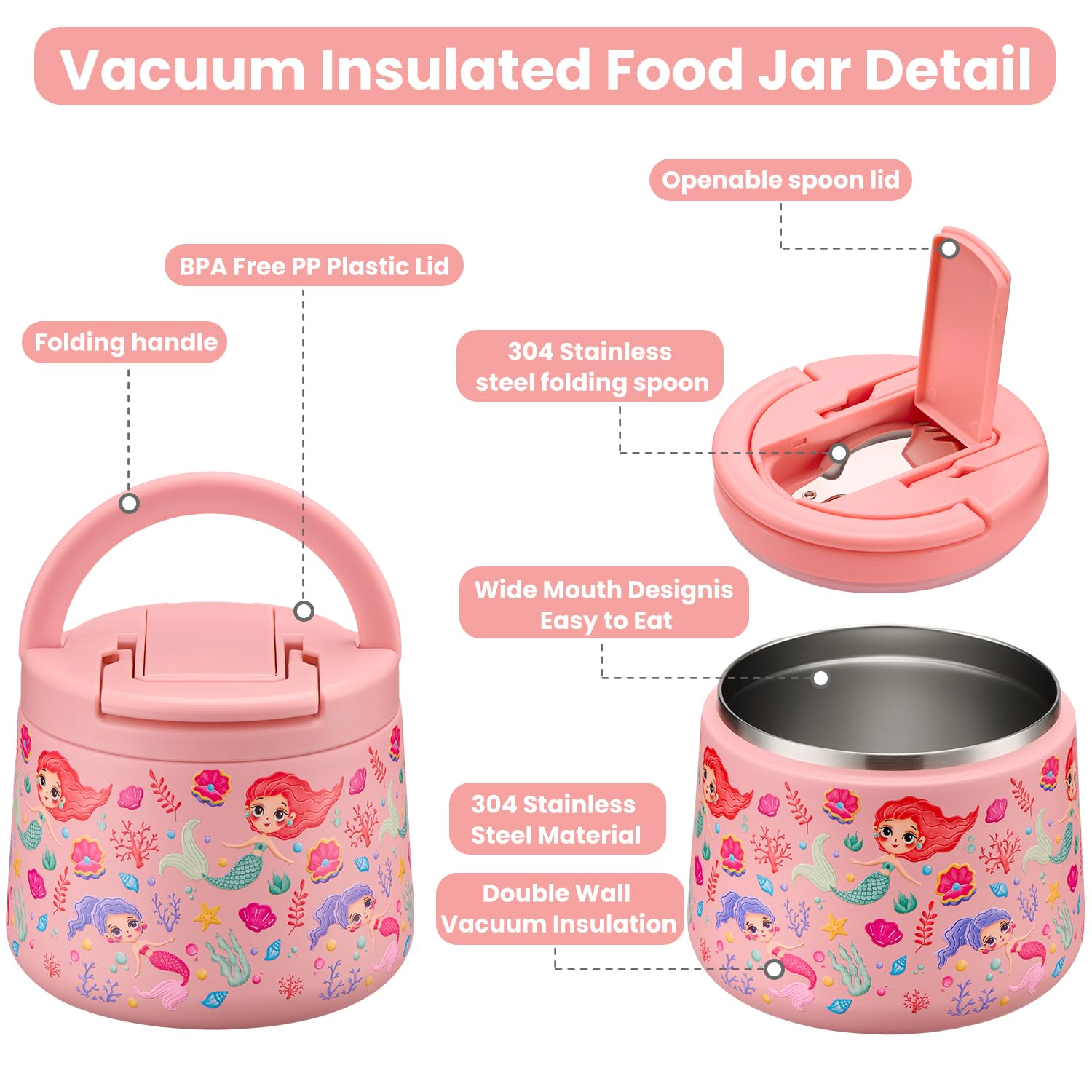 Itslife Thermos per Alimenti 420ml, Contenitore Termico per Alimenti di Acciaio Inossidabile con Cucchiaio Pieghevole, Lunch Box Termico per Picnic, Scuola e Ufficio, Sirena