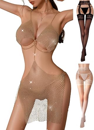 Lingerie Set For Women Glitter Chain & 2 Packs Silky Lace Tights