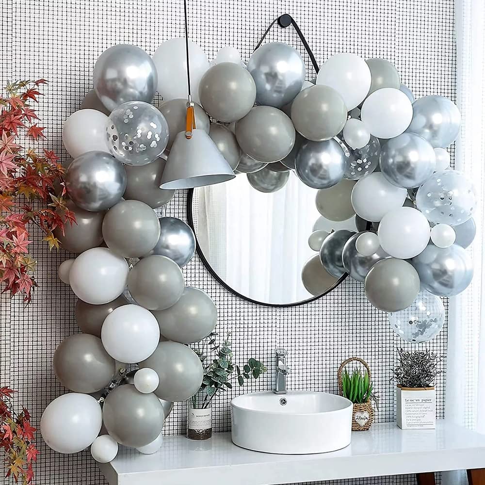 MFBis 102pcs White Silver Balloon Garland Kit Silver Confetti Birthday Party Decorations DIY Latex Balloon Arch Set for Party Supplies
