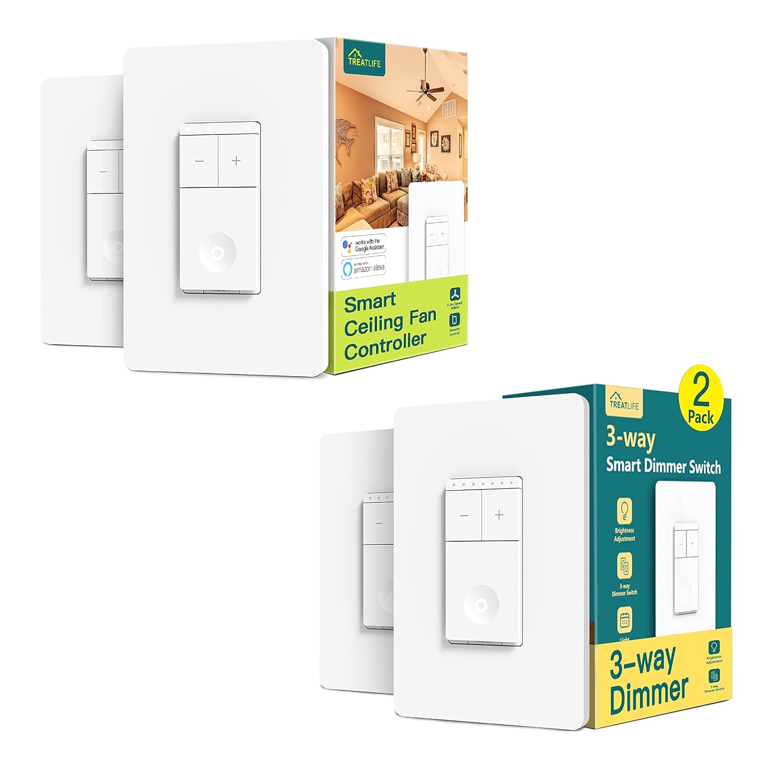 TREATLIFE 2 Pack Smart Ceiling Fan Control+2 Pack 3 Way Smart Dimmer