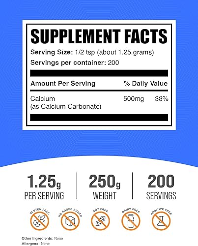 Miniatura 2 de BulkSupplements. com Polvo de carbonato de calcio - Suplementos de calcio para la salud ósea - Sin sabor - 1250 mg (500 mg de calcio) por porción,