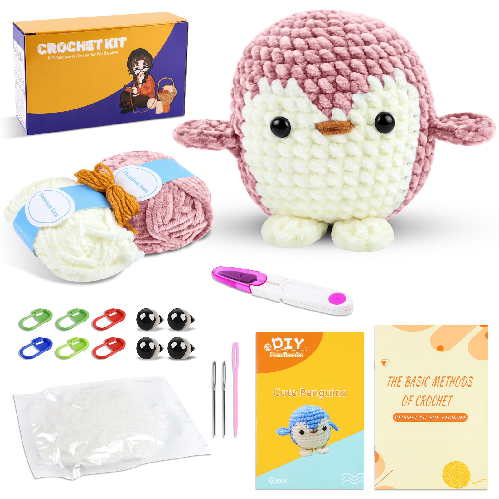 iuqiepo Beginners Crochet Kit, Animal Crochet Kit, Step-by-Step Video Tutorial, Crochet Kits for Beginners Adults, DIY Gift Penguin (Dark Pink)