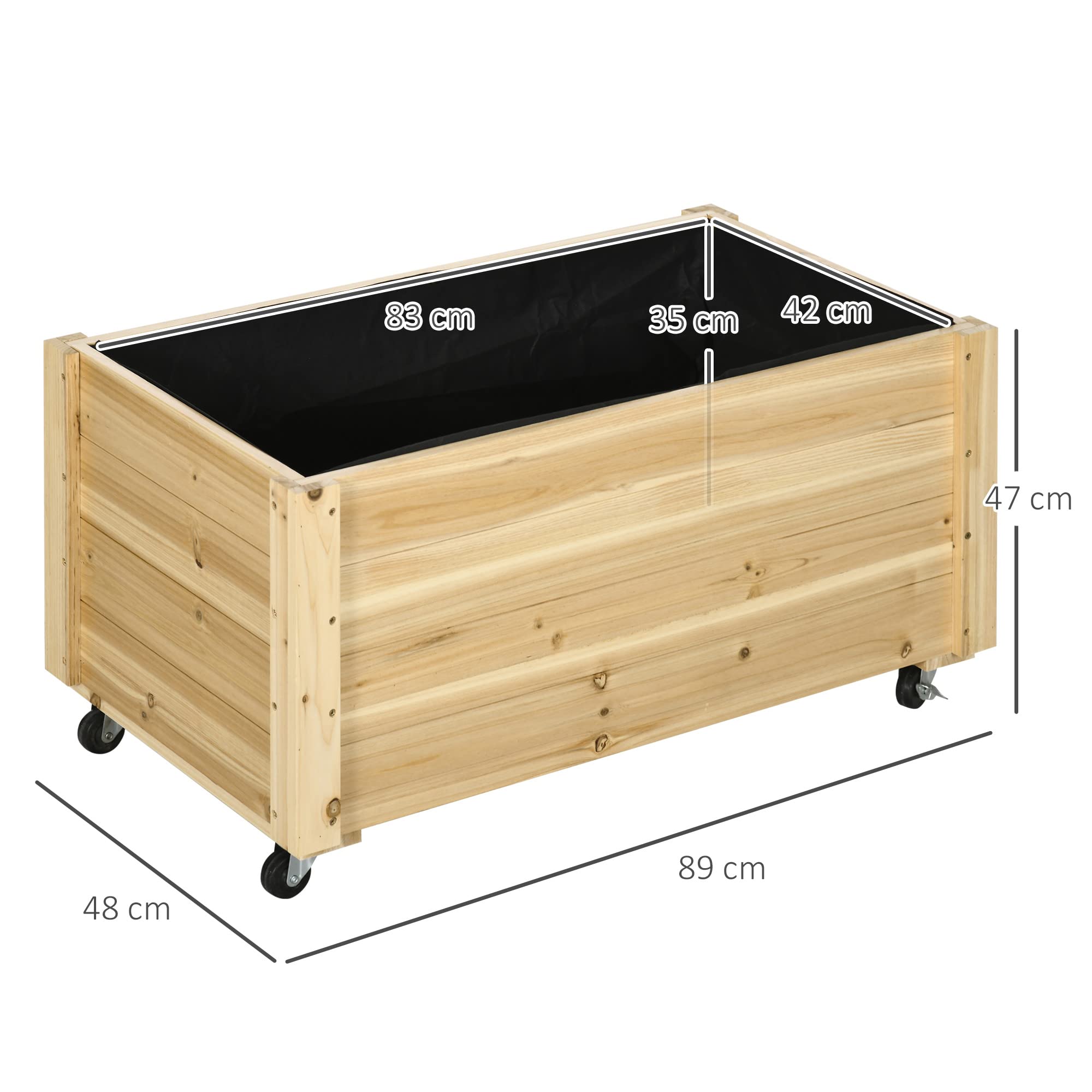 Outsunny Fioriera da Giardino con Foro di Drenaggio e Fodera di Tessuto non Tessuto, Fioriera in Legno di Abete con Rotelle, 89x48x47 cm, color Legno