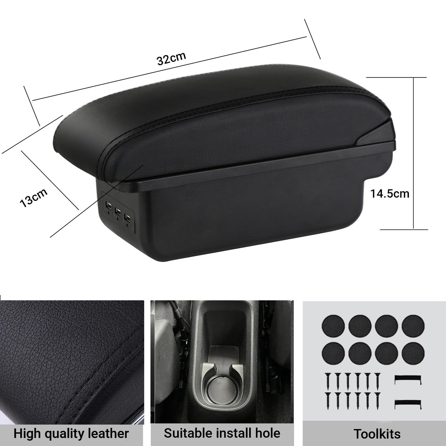 YJYWZH Accoudoir Central pour Citroën C3 2017-2023 avec 3 ports USB | 2 USB+1 USB-C,Double rangement,Accoudoir pour console centrale,Dessus coulissant,Cuir PU,Noir,Installation facile